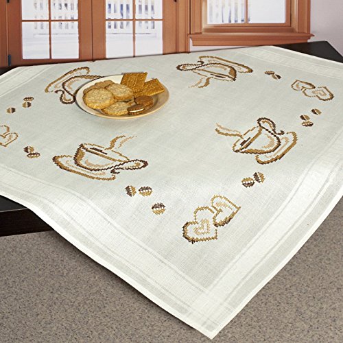Stickpackung Mitteldecke "KAFFEEPAUSE" / Komplettes Vorgezeichnetes Tischdecken Set zum Sticken / Stickset mit Stickvorlage für Erwachsene / Sticken im Kreuzstich