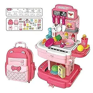 Royals Hub School Bag Packing Pretend Play Cooking Game Modern Children Kitchen Set Toy for Kids Girls Role Play Toys Kitchen Set Play Set Gift for Girls (School Bag Kitchen Set) 2 in 1 34-Pieces