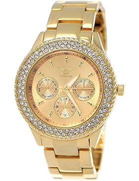 Ny London Damen-Uhr Strass Analog Quarz Armband-Uhr in Gold Chronograph Optik