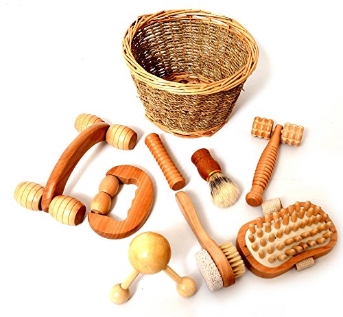 Juego de masaje sensorial de madera, rodillos y formas, terapia de cepillado sensorial, presentado en cesta de mimbre de sauce, de 8 piezas