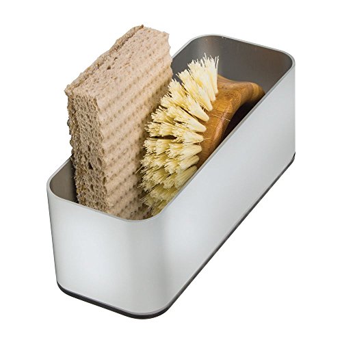 InterDesign 82776EU Affixx, Peel-and-Stick Starker Selbstklebender Halter mit Saugnapf für die Küchenspüle aus Aluminium, Topfkratzer, Abwaschbürsten, Metall, silber/smoke, 16,84 x 6,68 x 8,89 cm - 3