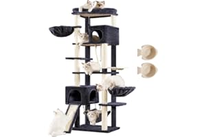 Hey-brother Tiragraffi per interni, 180 cm, con 2 grotte, 2 cestini per gatti, amaca, ciotola per cibo e tiragraffi in sisal a più piani, grigio fumo EMPJ036G