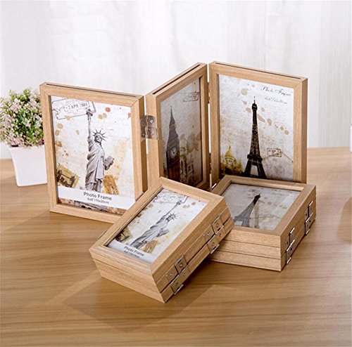 Sobotoo Vintage Creative Wooden Triple Fold Box Square Screen-swing Desk Photo Frame Family Picture Frames Box Photos Standing Storage