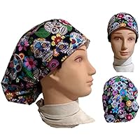 Chirurgische Kappe. Frau Mexikanische Schädel. für lange Haare, Chirurgie, Zahnarzt, Tierarzt, Küche usw. Handtuch vorne, perfekte Passform und passt alle Haare. Handmade