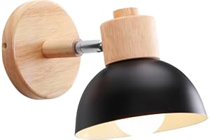 iDEGU Lampada da Parete Retrò Vintage Applique da Parete Interno in Metallo e Legno Moderne Lampada a Muro Orientabile E27 Luce da Camera da Letto Soggiorno (1 Pezzo, Nero)