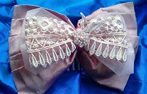 Large pink silk bow, with embroidery lace and beads, hair comb/slide