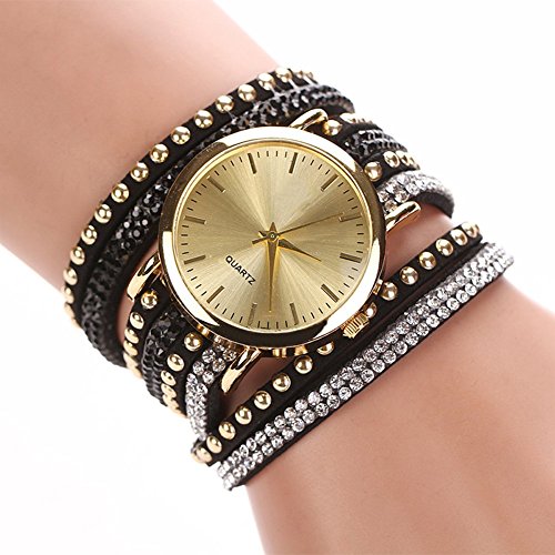 Preisvergleich Produktbild Sommer Luxusfreizeit Dame Quarz Armbanduhr Uhr Goldarmband (Black)