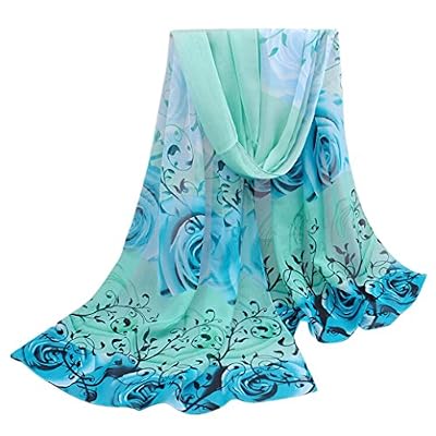 DDLBiz® 1 PC Merveilleux Automne-Hiver Femmes Longue Châle/Écharpe en Mousseline avec Motif de Rose Belle Accessoire (Bleu)