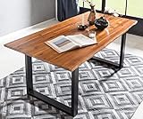 Wunderschöner Esstisch - Der Tisch besitzt eine 26 mm dicke Cognac-farbene Tischplatte aus echter Baumkante und ein U-förmiges Gestell in Schwarz. Der Tisch bietet mit einer Länge von 200 cm genügend Platz.