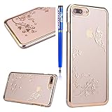 FESELE Crystal Hart Schutzhülle für [iPhone 7 Plus] Überzug Gold Luxus Bling Kristall Strass Diamant Glänzend Glitzer Schmetterling Durchsichtig Hülle Transparent Plating Case Kunststoff Hart PC Clear Handyhülle für iPhone 7 Plus + Blau Eingabestift Stylus Touch Pen-Überzug Gold,Schmetterling