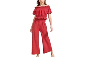 HEOXIN Completo Estivo Bambina, Top con Spalle Scoperte, Maniche con Volant e Vita Stretta + Pantaloni Elasticizzati a Vita Alta e Gamba Larga, Abbigliamento Bambina, Rosso 8-12 Anni