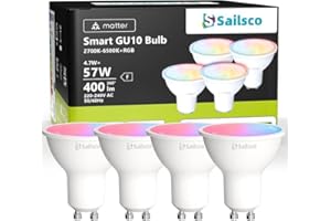 sailsco Ampoule Connectée Matter, Ampoule LED GU10 WiFi Intelligente Compatible avec Alexa et Smart Life, Multicolore RGB & 2700K-6500K,Dimmable,4.7W équivalent 57W,400LM,Commande Vocale,Lot de 4