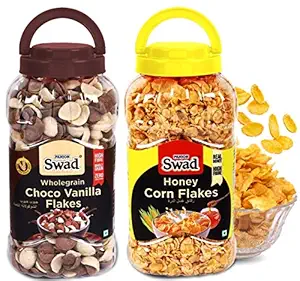 Swad Honey Corn Flakes & Choco Vanilla Flakes (Wholegrain Duet Chocos Breakfast Cereal Children Snack) 2 Jars, 650 g