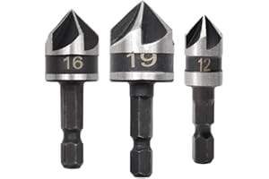 Hocansen 3 Pezzi Hex Countersink Drill Bit Set 5 Flute Gambo Esagonale Punte Trapano Trapano a 5 Taglienti a 90 Gradi Possono Essere Utilizzate Legno e Metallo (12/16/19mm)