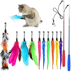 Syeenify Feather Teaser Cat Toy, 12PCS Retractable Cat Wand Toys & Replacement Cat Teaser, Interactive Cat Feather Toy Funny Exercise for Kitten Cats