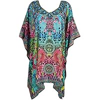 Mogul Interior Ladies Short Kaftan Vibrant Digital Print Bikini Coverup Sexy Sheer Beach Dress Onesize