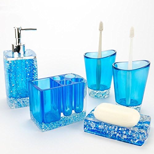QASI® Resin Bathroom Accessories Sets 5pieces European style simple Emulsion Bottle Toothbrush Holder Mouthwash Cup Soap Dish Squeeze the Bottle Store toilet supplies blue , A