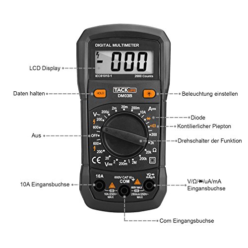Tacklife DM03B Klassisches Digital Multimeter(Spannungsmesser, Stromprüfer, Widerstand, Temperaturmessung)Multitester mit Hintergrundbeleuchtung - 2