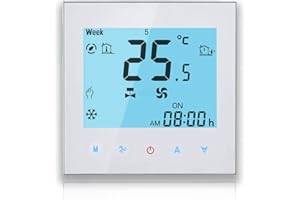 BecaSmart 1000 Series Modbus Thermostat pour Deux tuyaux Ventilo-convecteur climatisation Blanc Ecran Tactile LCD de Programmation Intelligent sans Fil Commande vocale