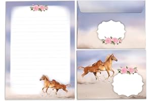 Junapack Ensemble de papier à lettre pour fille Cheval avec poulain et enveloppe pour enfants (bloc A5 de 25 feuilles + 15 enveloppes)