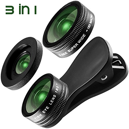 3 in 1 kit Obiettivo per Cellulare, AFUNTA HD Clip-on 15 x Macro e 0.36 x Super Grandangolo, Lente Fisheye 180Â° per iPhone Samsung Most Smartphones