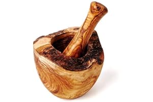 DAS OLIVENHOLZBRETT Mortero y Mano de Mortero en Corte Natural de Madera de Olivo - 12cm