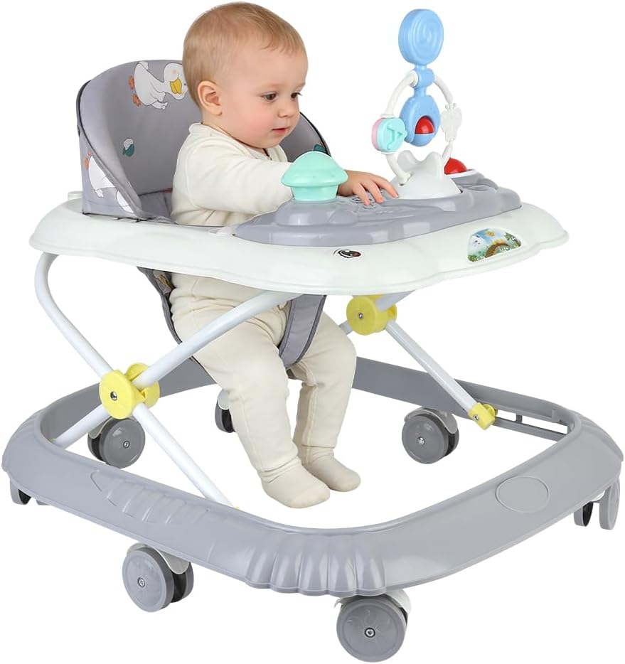 OHMG 4 en 1 Andador para bebé con plato de actividades musical desmontable, Andador para bebé fácilmente plegable, De 6 a 18 meses, Hasta 18 kg, 4 alturas ajustables para niño niña (Gris-67*72*92cm)