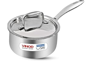 Vinod Platinum Triply Stainless Steel Saucepan with Stainless Steel Lid 1.6 Liters Capacity (16 cm Diameter) with Riveted Handle - Silver (Induction and Gas Stove Friendly)