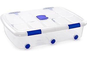 Acan Tradineur - Caja de plástico transparente de 18 x 80 x 60 cm, con capacidad de 56 litros, Contenedor de plástico para almacenamiento con tapa y ruedas válida para interior y exterior.