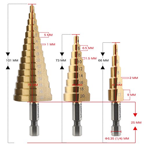 Lesoleil HSS Hex Shank Pagoda Stufenbohrer 4-12 / 4-20 / 4-32, 3er Pack - 5