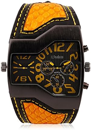 Men's Unique Military Sports Watch Dual Time Zone Quartz Wristwatch with Snake Leather Strap, Japan Quartz - Yellow