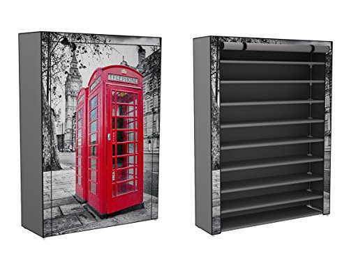 Trendy-Home24 Stoffschrank Schuhschrank Schuhregal mit roter Telefonzelle Motiv London schwarz weiß 9 Fächer