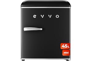 EVVO Mini Nevera Retro 45 Litros de Capacidad, Diseño Vintage, Bajo Consumo, Silenciosa, Control de Temperatura, Organizador de Espacios, Frigorífico Mini F20 Retro Color Negro