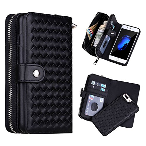 LOOKAY iPhone 7 Plus Multifunktions Hochwertigen PU Leder Handy Tasche Weben Handy Schutz Schale Tasche Schutzhülle Handyhülle hülle und Geldbörse 2 in 1 - Weave Schwarz