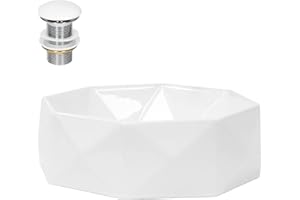 ML DESIGN MODERN LIVING ML-Design Lavabo en Céramique Blanc Brillant Ø 42x13,5 cm avec Garniture de Vidage 1 1/4" Universelle sans Trop-Plein, Design Diamant, Vasque à Poser Moderne, Évier Lave-Mains Salle de Bains Toilettes