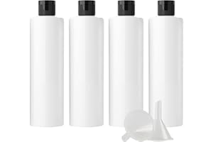 ZEOABSY 4 Pezzi 250 ml Bianco Bottiglie di plastica PET con Tappo Flip Top Nero, Spalla Piatta Contenitori per Cosmetico, Bottiglie da Viaggio per Lozioni, Liquido, Olio