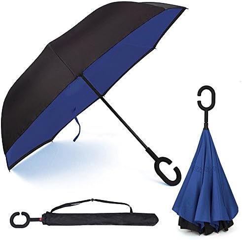 Parasols Sky Double Layer C Shape Handle Upside Down Inverted Folding Fashion Style Reverse Umbrella (Dark blue)