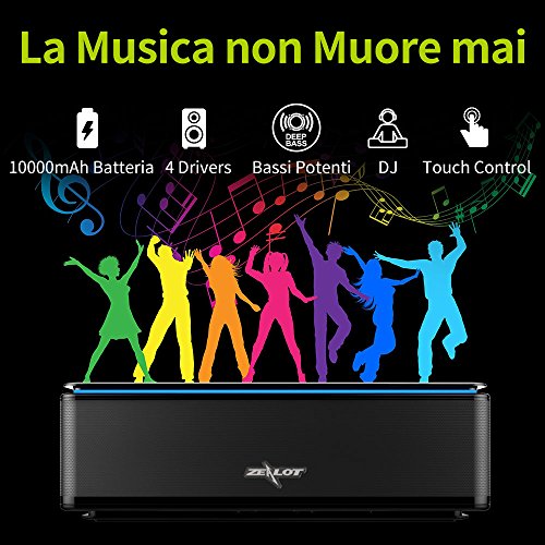 ZEALOT - S7 Altoparlanti Touch Control Bluetooth Speaker Wireless,10000mAh Banca di Potere/26W/LED Lignt/3,5mm AUX/TF Card per Iphone /Smartphone Android/Mac/Tablet PC,ecc-NERO