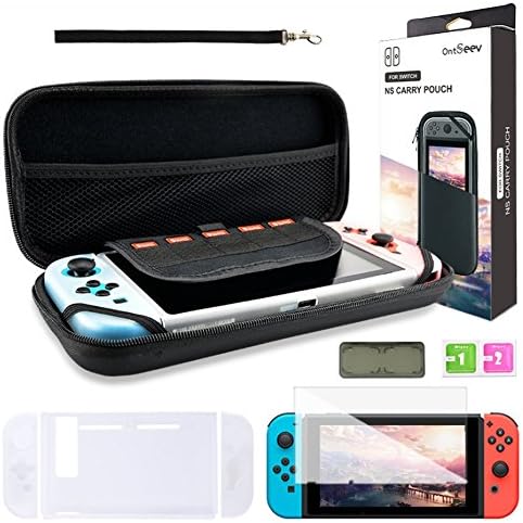 Ontseev Nintendo Switch 6 in 1 Accessory Travel Carry Case Protective Hard Portable Storage Case Sets - Carrying Case/Game Card Case/Screen Protector/Silicone Protective Cover/Joy-Con Silicone Case