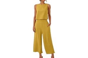 AMhomely Summer Tracksuit Womens Full Set 2 Piece Outfits Linen Sleeveless Tank Top and Wide Leg Trousers Soft Sportswear Palazzo Pants Loose Fit Activewear Solid Color Resort Wear