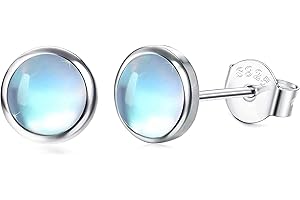 Milacolato pendientes plata de ley 925 de Piedra Lunar Esterlina 14K Oro Blanco Sintético Redondo Pendientes de Piedra de Luna Pendientes Pequeños para Mujer 4MM 5MM 6MM 7MM