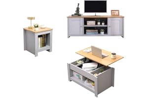Homemade Deisgn FurnitureHMD Living Room 3 Piece Set TV Cabinet 2 Doors TV Stand Lift-up Top Coffee Table with Hidden Compartment Lamp Table Small Side Table (Set B)