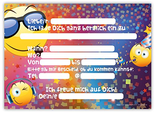 12 Lustige Einladungskarten im Set für Kindergeburtstag Party mit Emoji Smiley Disco für Jungen Mädchen Kinder Top Geburtstagseinladungen Karten witzig - 4