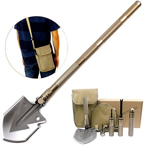 yibei Portable Folding Shovel with Multi Tools Compass Saw Screwdriver Attack Cone Stainless Steel Spade Aluminum Handle Survival Shovel Kit for Camping Hiking Outdoor Tactical Activities (gold)