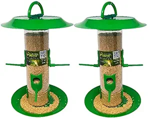 Amijivdaya Large Bird Food Feeder with Hut Both Side, Green and Transparent - Pack of 2