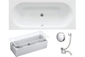 VBChome Badewanne 160x75 cm Acryl SET 3in1 Wannenträger Siphon Wanne Rechteck Weiß Design Modern Styroporträger Ablaufgarnitur in Chrom Viega Simplex für 2 Personen (160x75 cm)