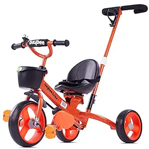 Baybee Breeze 2 in 1 Kids Tricycle, Convertible Baby Tricycle with Parental Adjustable Push Handle, Seat Belt & Storage Basket | Rubber Wheels | Baby Cycle for Kids 1 to 5 Years Boys Girls (Orange)