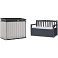 Keter Store It Out Premier XL Outdoor Plastic Garden Storage Shed, Grey and Black, 141 x 82 x 123.5 cm & Eden Bench Outdoor Storage Box Garden Furniture, Graphite and Grey, 132.5L x 75W x 18.5H cm