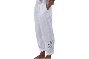 riou Pantalones Mujer Verano Frescos Talla Grande Lino de Algodón Cintura Alta Pierna Ancha Baggy Suelto Pantalón Largo Ligeros Pantalón de Chándal Suave y Cómodo Danza Pilates Yoga Pants