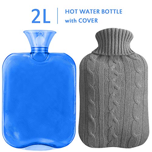 Borse Dell'acqua Calda,2L Caldo Bottiglia D'acqua con Giacca a maglia, Aookey Borsa Dell' acqua Calda in Gomma, Classico Gomma Caldo Bottiglia D'acqua con Giacca(Blu)